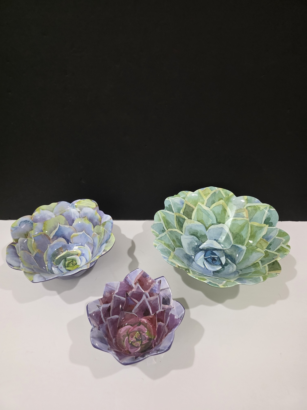 Nicole Miller Hand-Painted Melamine Succulent Bowls in Green, Blue, Purple